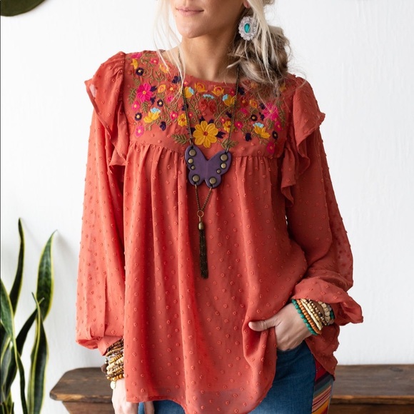 Three Bird Nest Athena Swiss Dot Chiffon Top - Orange - Picture 1 of 4